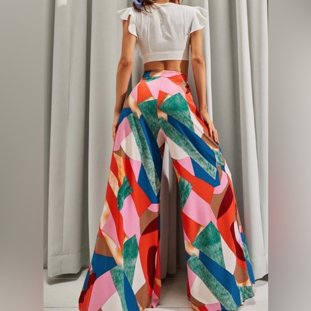 Boutique Multi Color Block Abstract Wide Flare Leg Boho Pants High Waisted Flowy